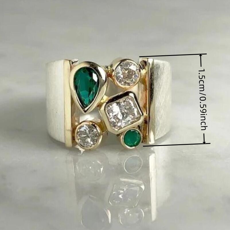 Vintage Two-Tone Geometric Wide Band Ring with Green Zirconia